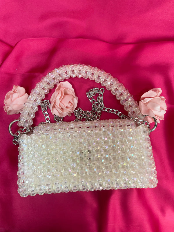 Elegant Pearl Clutch with Gold Chain Strap (White)